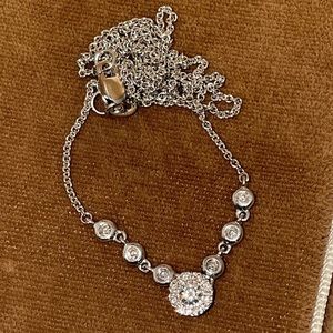 Solid Stamped 14K White Gold Natural Diamond Halo Bezel Necklace Italy